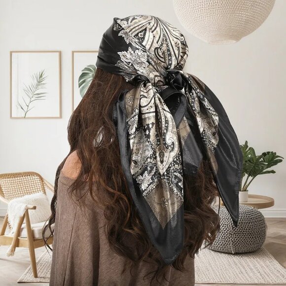 2/$30 Black & Grey Paisley Floral Silk Scarf Satin Bandana Headscarf Neck Tie - Picture 1 of 4